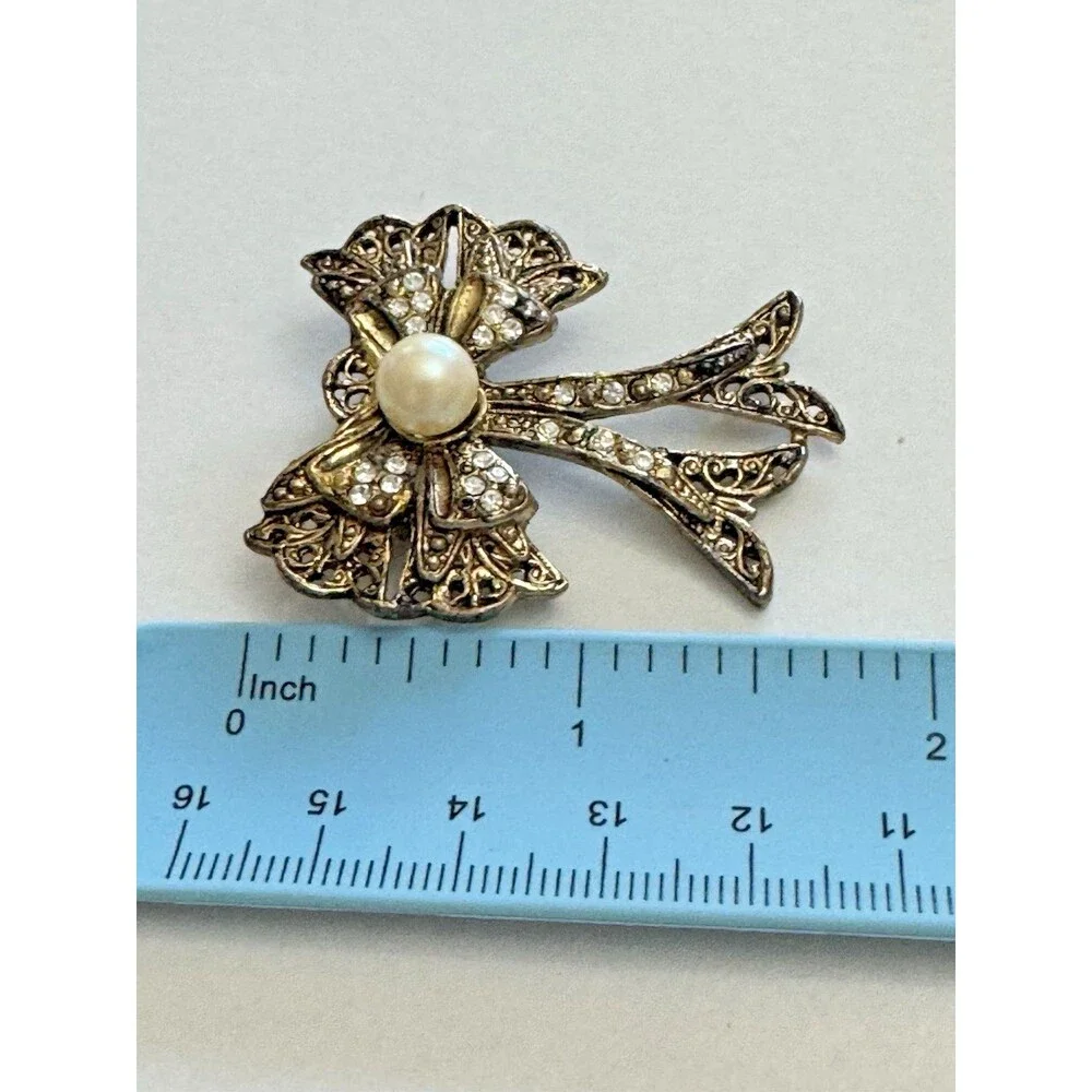 Vintage Gold Tone Bow Brooch Faux Pearl & Rhinestones 1.5 Inch